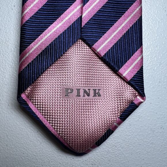 Pink Thomas Pink 100% Silk Tie Pink Navy Blue Striped Luxury Woven In England - Picture 2 of 5